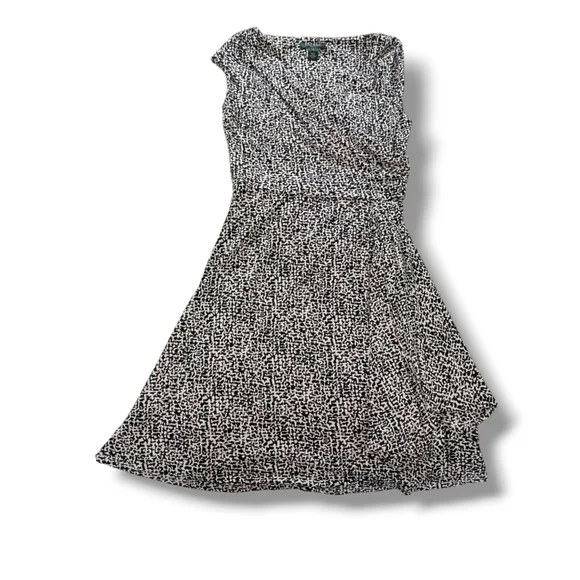 Lauren Ralph Lauren Black White Printed Ruched A Line Jersey Knit Dress Size 8 - Picture 10 of 12